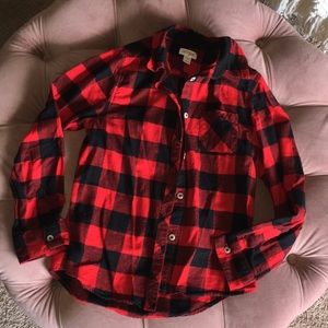 Girls red black plaid button shirt size 10/12 L